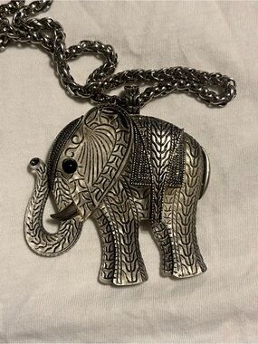 Silver Elephant Pendant Necklace with Black Accent Eye 30”